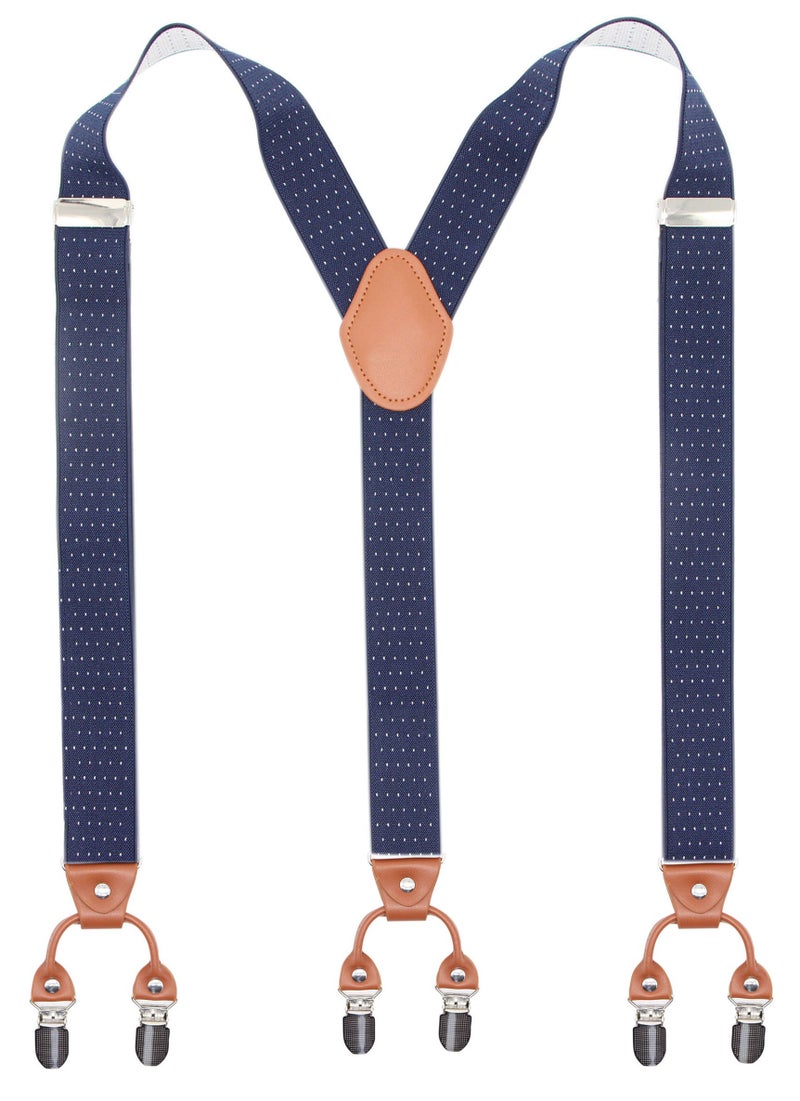 Bioterti Men's Y-Shaped Heavy Duty Suspenders - 6 Metal Clips, Elastic Straps (Navy Dots) - Image 1